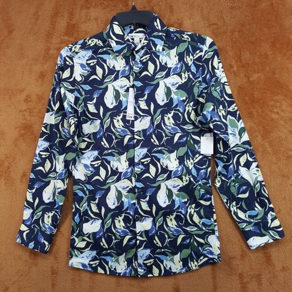 BAR III Dress Shirt Mens Size 14 14.5 Blue Floral Slim Fit Stretch Untucked